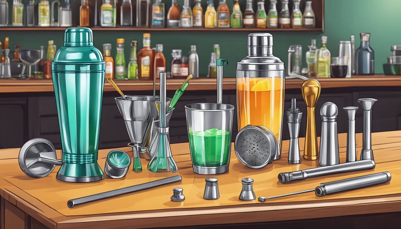 A cocktail shaker with a jigger and various measuring tools on a bar counter