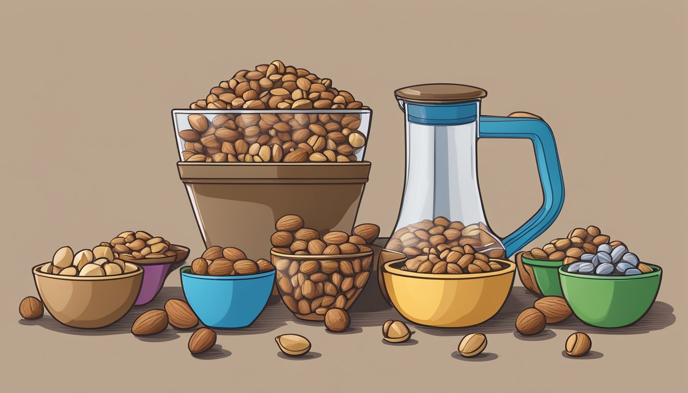 A pound of nuts pouring into a measuring cup, with additional cups lined up next to it for comparison