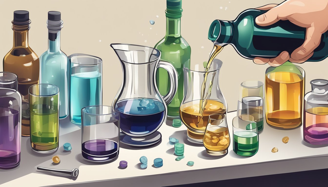 A hand pouring liquid from a jigger into a mixing glass, with various measuring tools and bottles of alcohol in the background