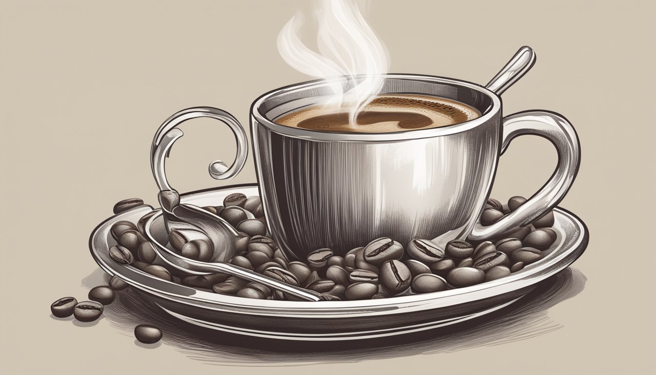 A small espresso cup with a single shot of espresso, surrounded by coffee beans and a steam wand