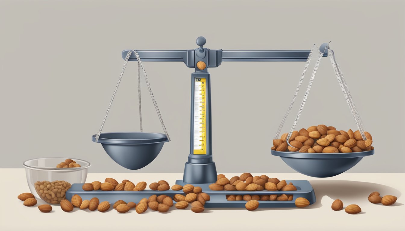 A scale with a pound of nuts on one side and measuring cups on the other