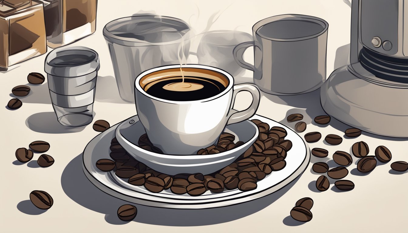 A small espresso cup filled with a 1-ounce shot of dark, rich coffee, surrounded by coffee beans and a steaming espresso machine