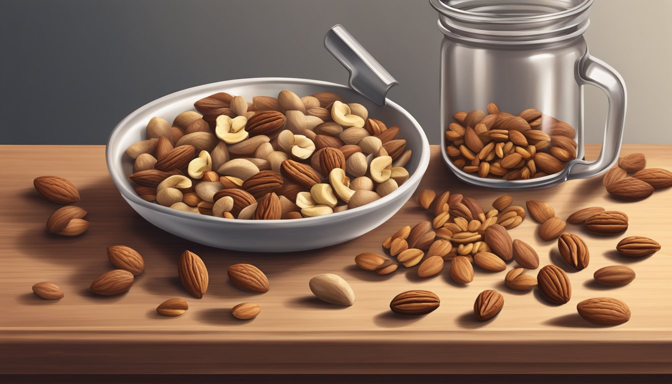 A pound of mixed nuts spills from a measuring cup onto a wooden cutting board. Almonds, walnuts, and pecans are scattered among the pile