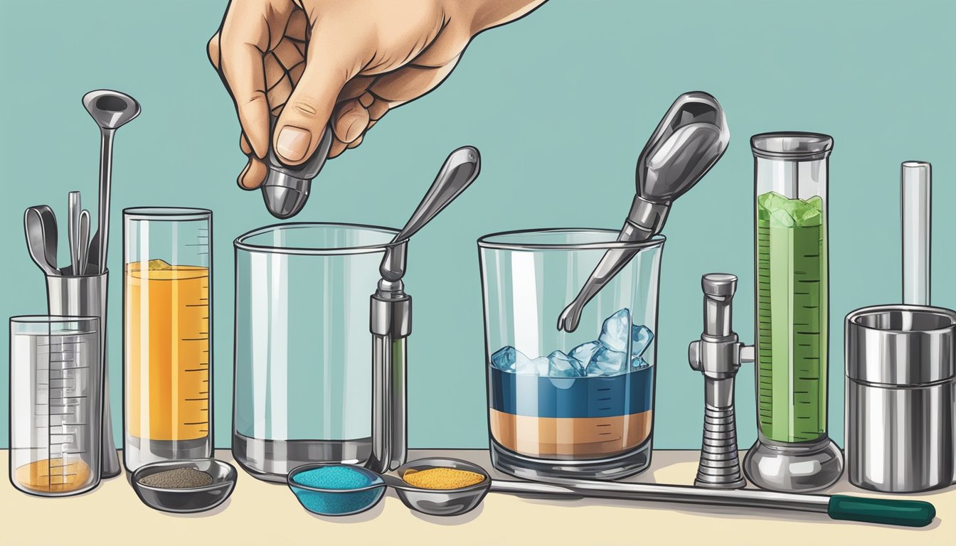 A bartender's hand holding a jigger and measuring out liquid into a mixing glass, surrounded by various measuring tools such as a measuring spoon and a graduated cylinder