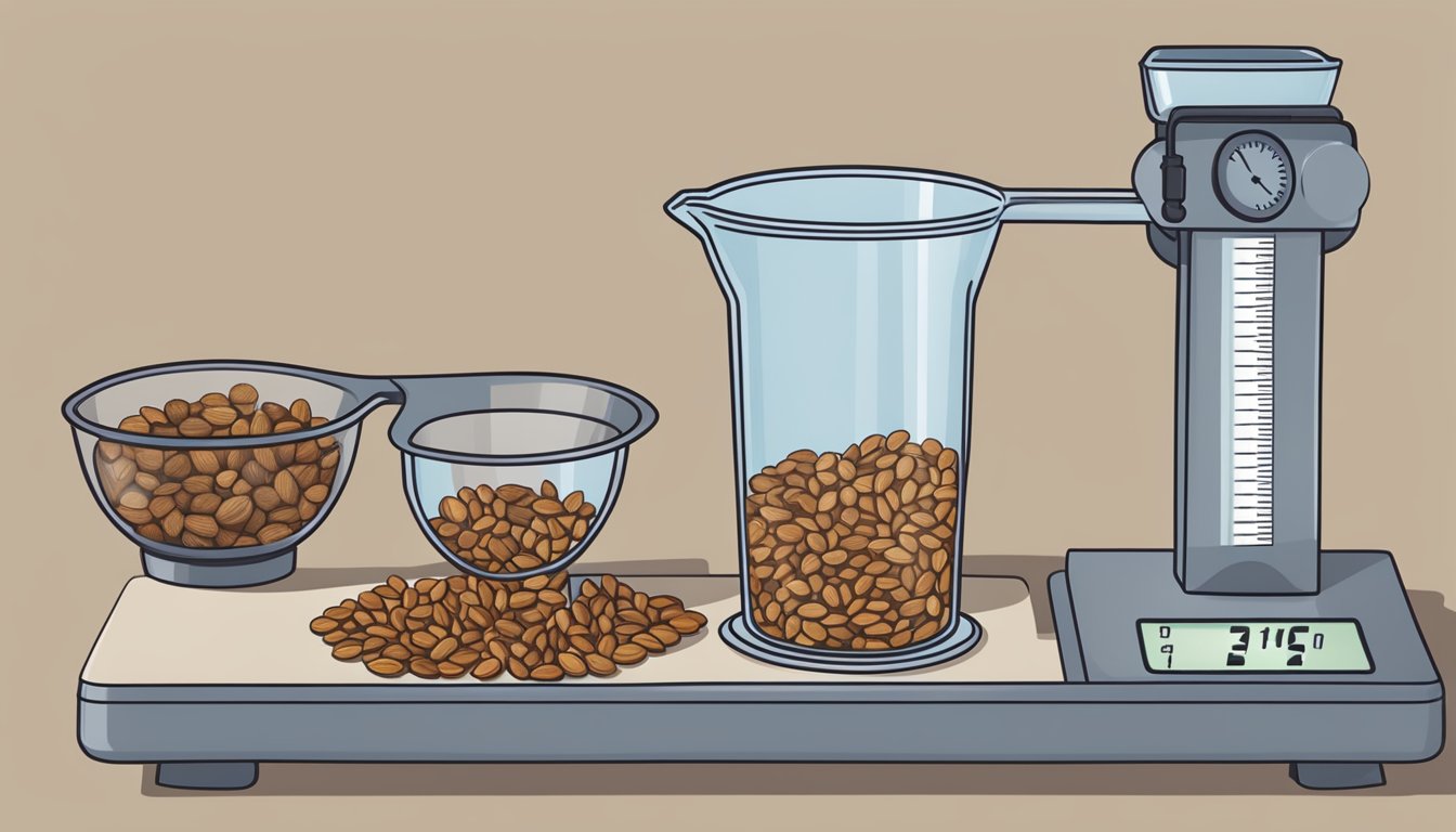 A measuring cup filled with nuts sits next to a scale displaying one pound. A measuring spoon is nearby for reference