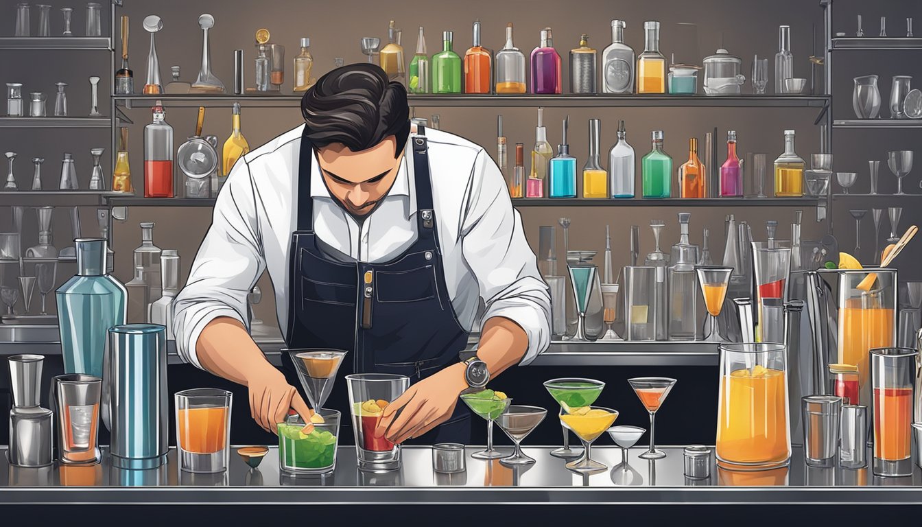 A bartender carefully measures out various cocktail ingredients using jiggers and measuring spoons on a sleek, stainless steel bar top