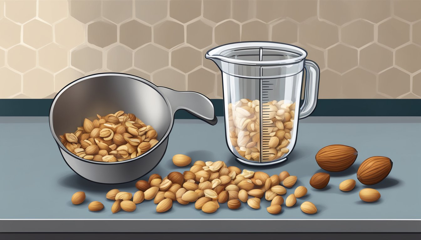 A pound of nuts spilling out of a measuring cup onto a kitchen counter