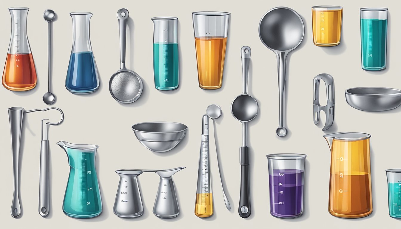 A collection of various measuring tools including jiggers, shot glasses, and measuring spoons arranged on a clean, well-lit surface