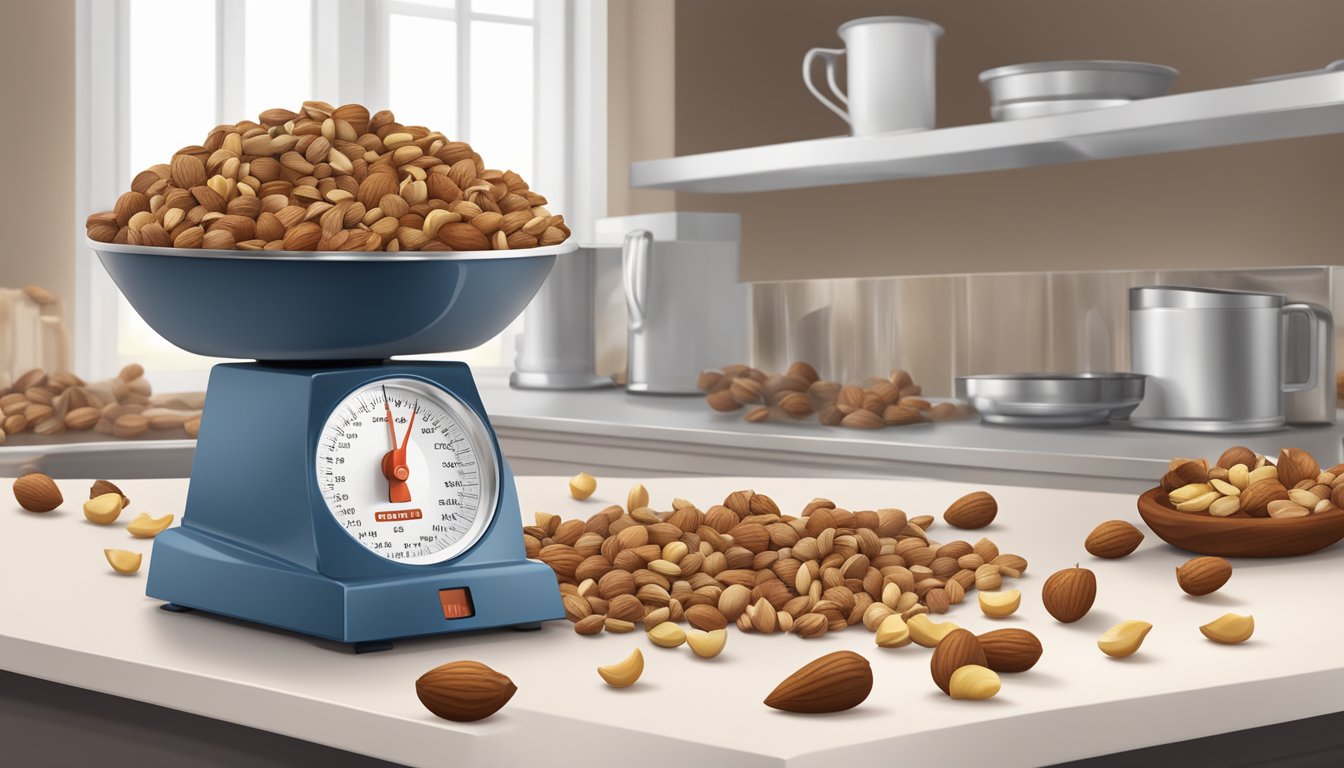 A pile of nuts spilling out of a scale onto a countertop, with measuring cups scattered nearby