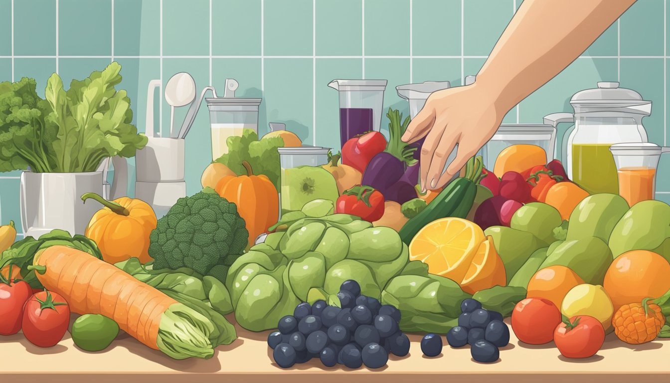 A hand reaching for a selection of fresh fruits and vegetables on a kitchen counter, with measuring cups and a blender nearby