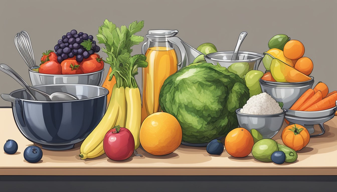 A variety of fruits and vegetables arranged next to measuring cups and spoons on a kitchen counter