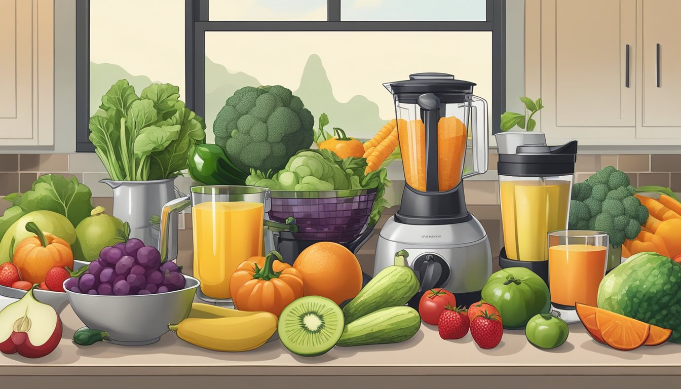 A variety of fresh fruits and vegetables arranged on a kitchen counter, alongside measuring cups and a blender