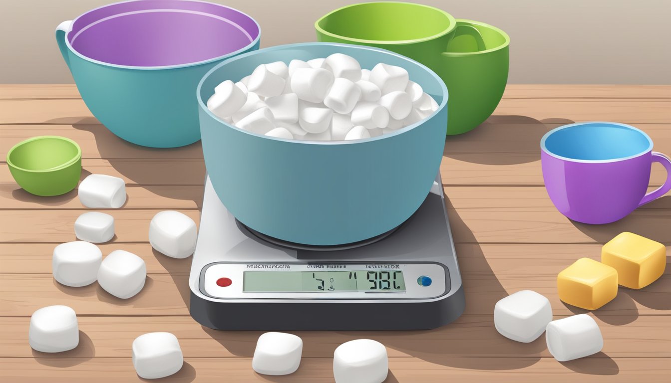 A pound of marshmallows spills from a measuring cup onto a scale, with additional cups nearby