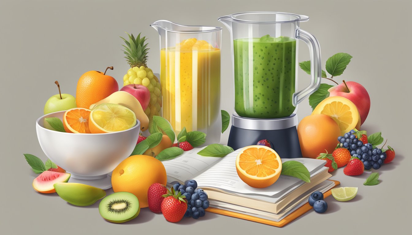 A hand holding a measuring cup pours fruit and liquid ingredients into a blender, with a pile of assorted fruits and a recipe book nearby