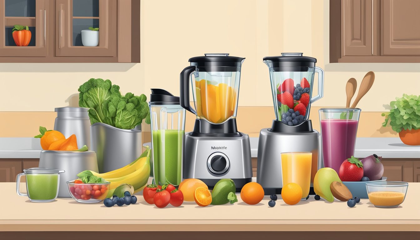 A kitchen counter with a variety of measuring cups and spoons, a blender, and fresh fruits and vegetables laid out for a smoothie recipe