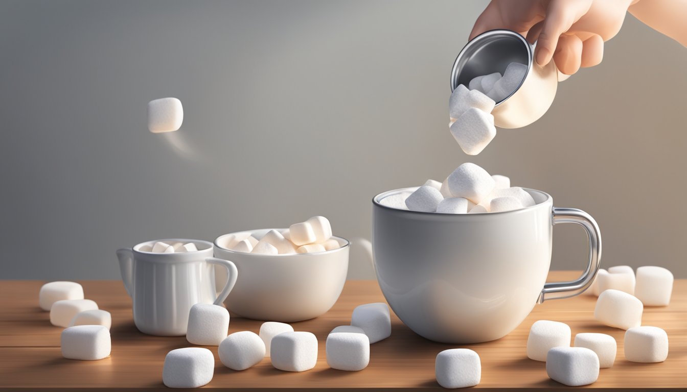 A pound of marshmallows pouring into a measuring cup, with a second cup nearby