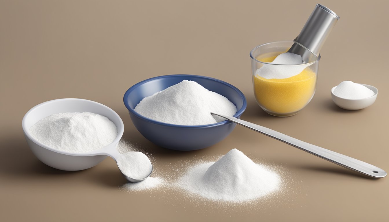 A pound of cornstarch pouring into a measuring spoon, with additional tablespoons lined up next to it for comparison