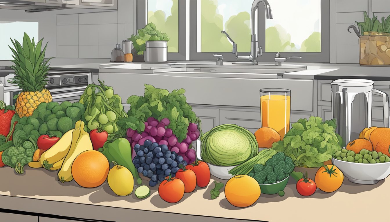 A hand reaching for a variety of fresh fruits and vegetables on a kitchen counter, alongside measuring cups and a blender