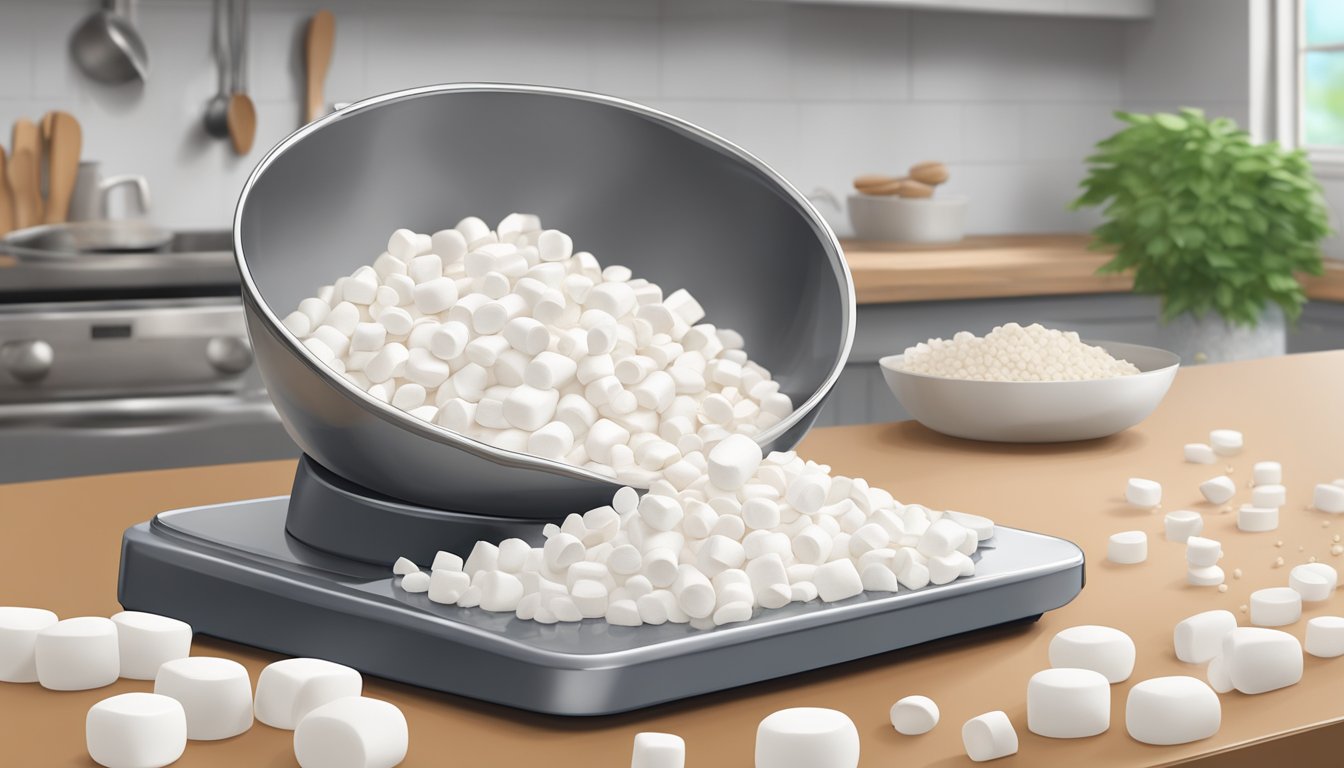 A pound of marshmallows spilled out onto a kitchen scale, overflowing onto the countertop. A measuring cup sits nearby, ready to be filled