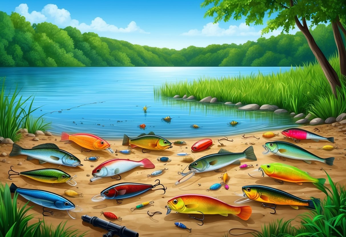 A serene lake with a variety of fishing baits scattered across the shore, surrounded by lush greenery and a clear blue sky