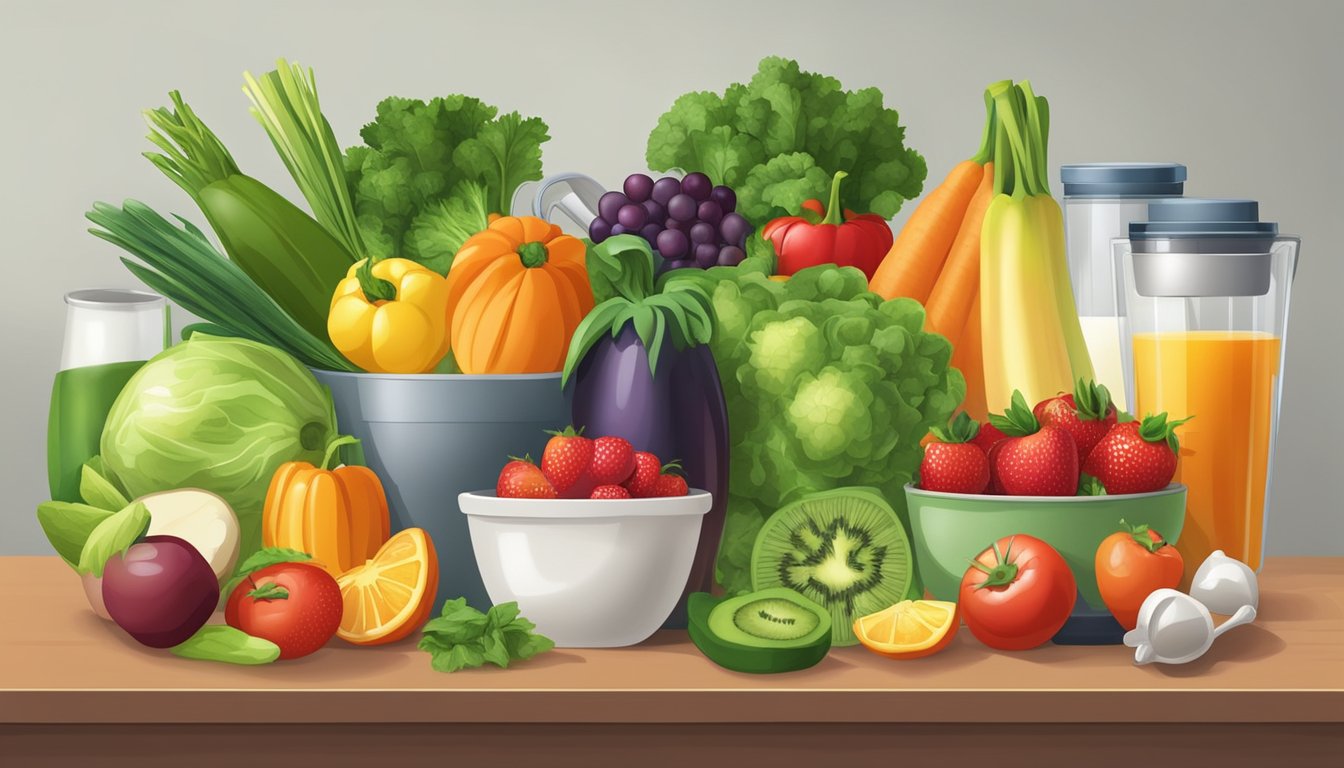 A variety of fresh fruits and vegetables arranged on a kitchen counter, alongside measuring cups and spoons, a blender, and containers for storing ingredients