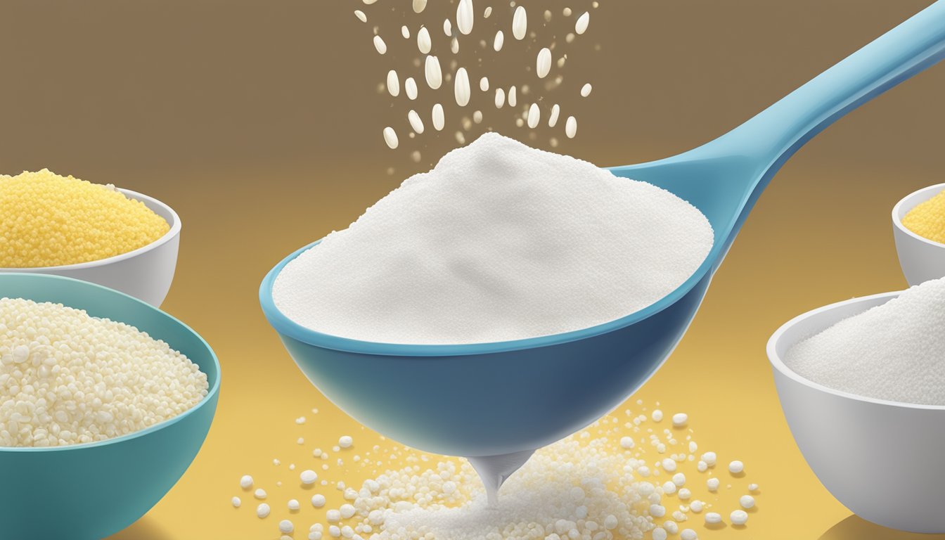 A pound of cornstarch pouring into a measuring spoon, while another spoon collects the excess