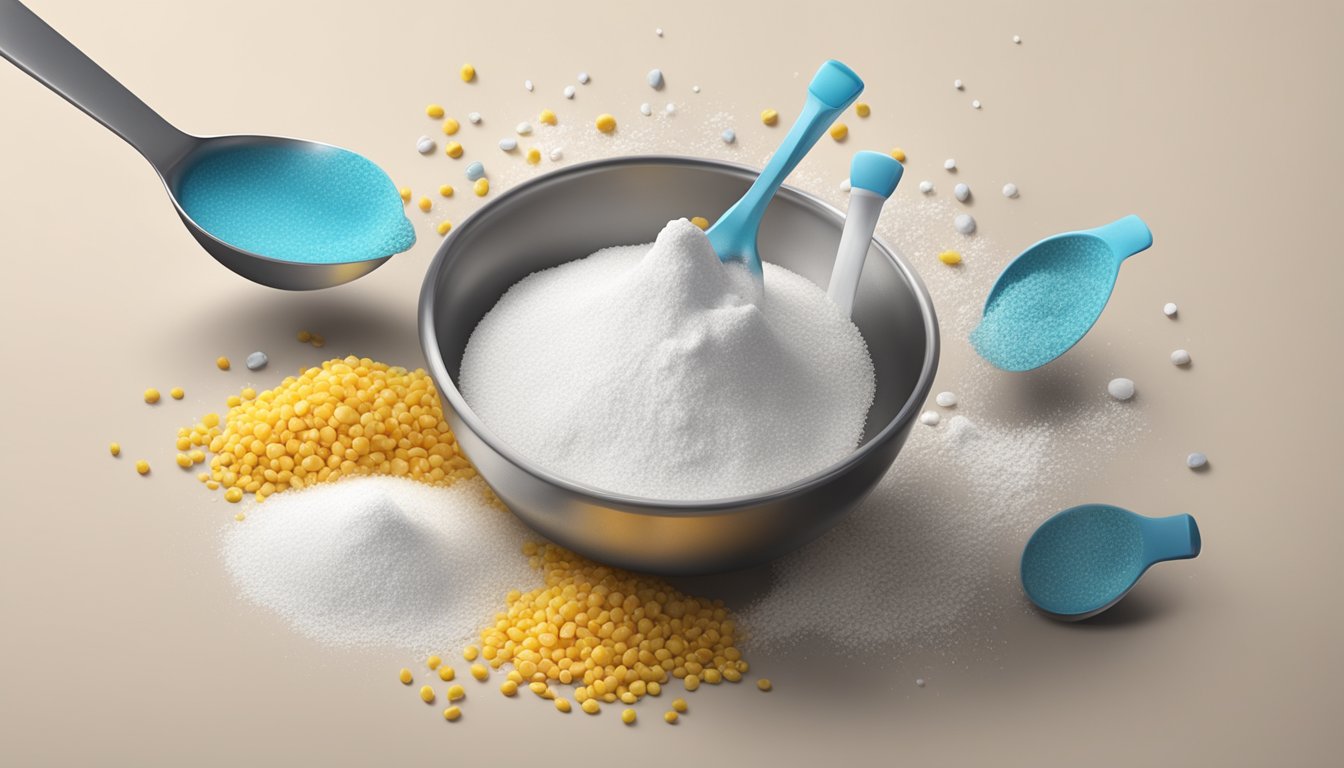 A pound of cornstarch pouring into a measuring spoon, surrounded by scattered tablespoons