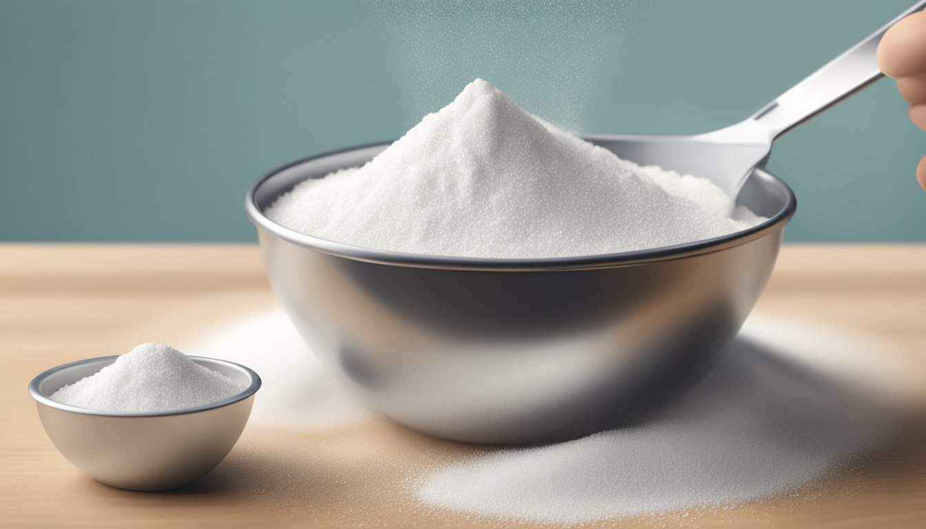 A measuring cup filled with cornstarch pouring into a scale, with a pile of loose cornstarch in the background