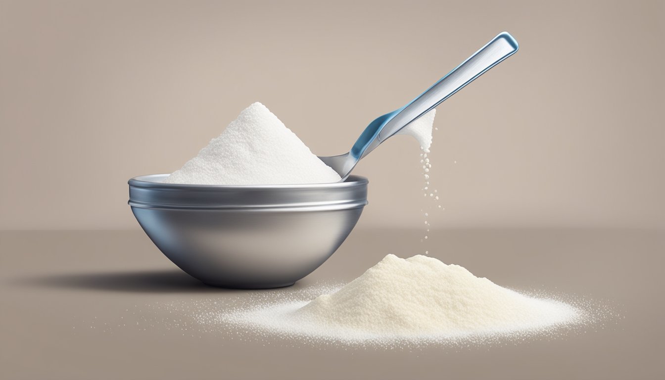 A pound of cornstarch pouring into a measuring spoon, with additional tablespoons lined up next to it for comparison