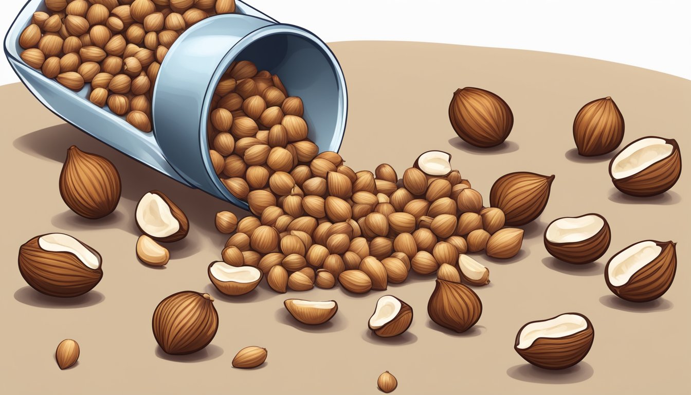 A pound of hazelnuts spilling out of a measuring cup, with additional empty cups nearby for comparison