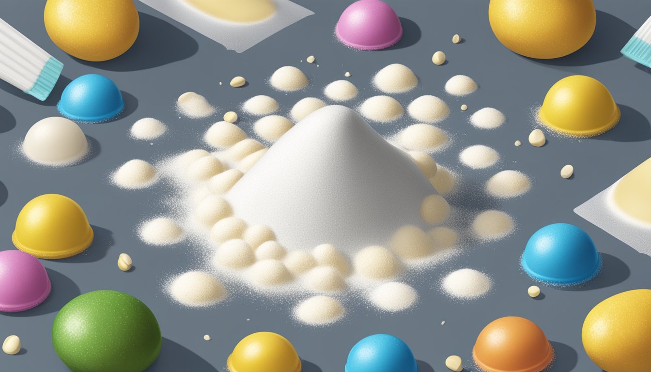 A pound of cornstarch pouring into a pile, with several tablespoons scattered nearby for measurement