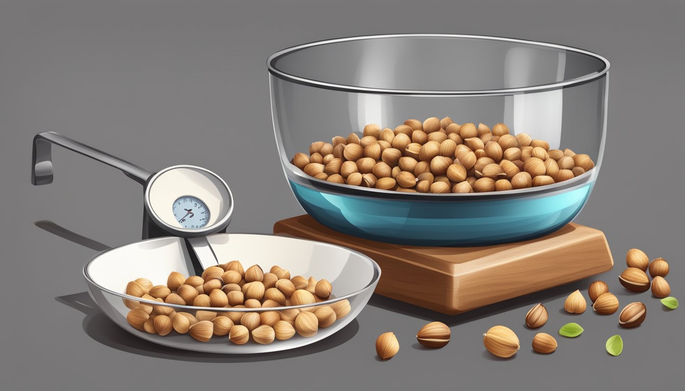 A scale with a pound of hazelnuts next to a measuring cup