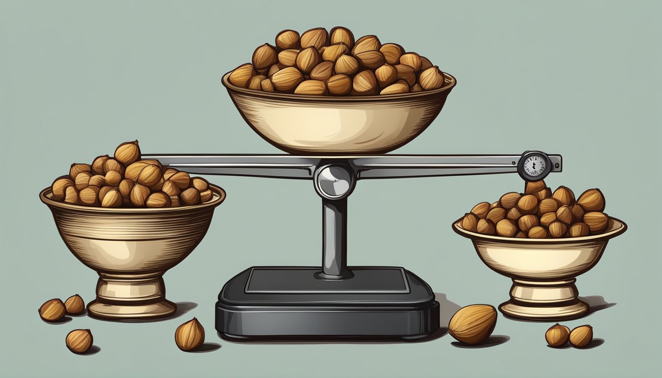 A scale with a pound of hazelnuts on one side and cups on the other