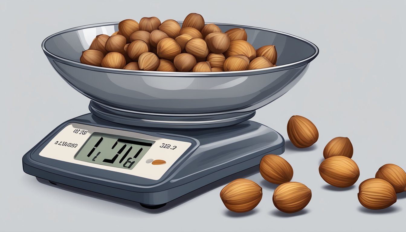 A scale with a pound of hazelnuts next to a measuring cup