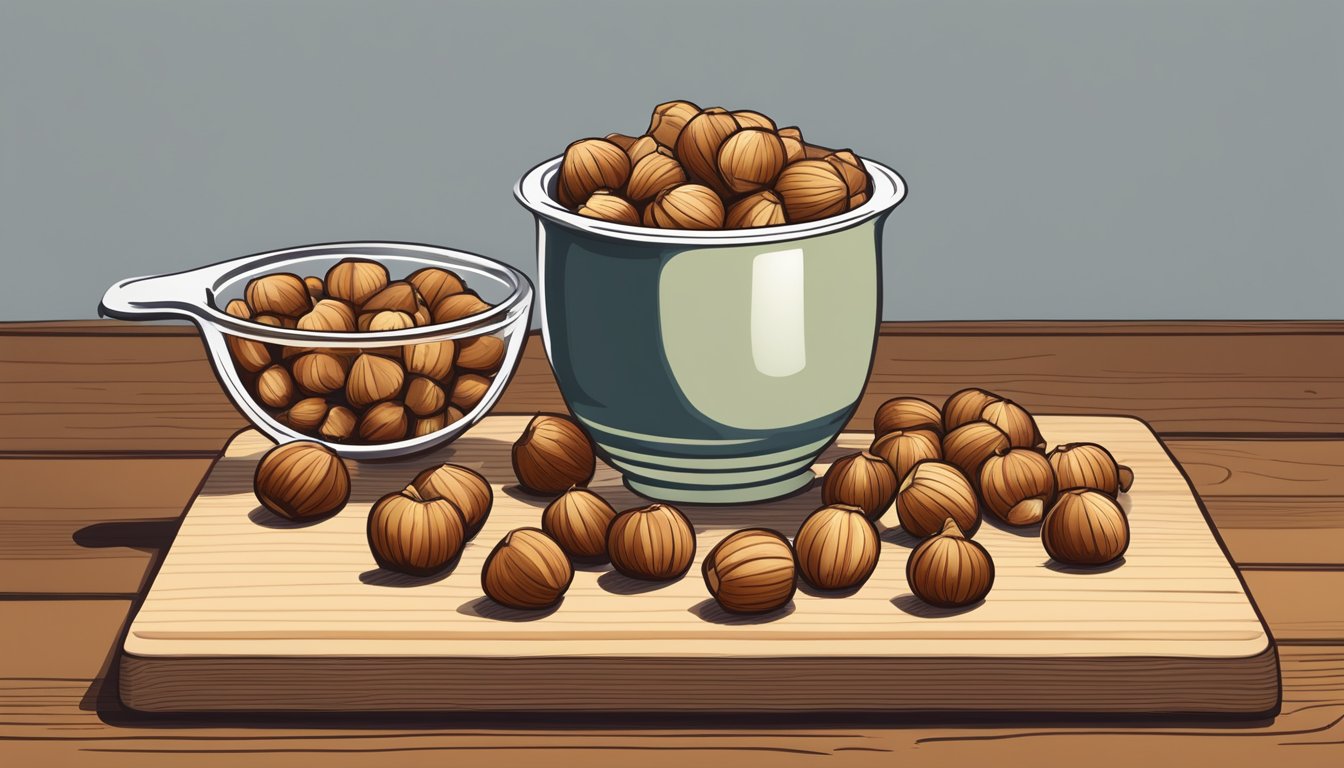 A pound of hazelnuts spilled out of a measuring cup onto a wooden cutting board