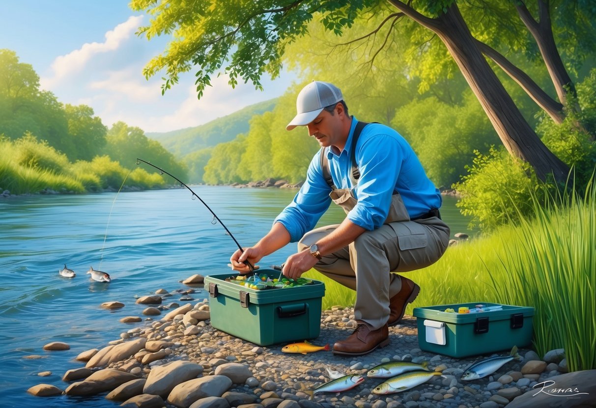 A serene riverbank with a fisherman carefully selecting lures from a tackle box, surrounded by lush greenery and the gentle flow of the water