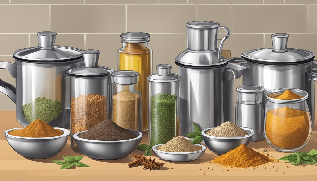 A set of measuring spoons and cups surrounded by various spices and liquids on a clean, well-lit kitchen countertop