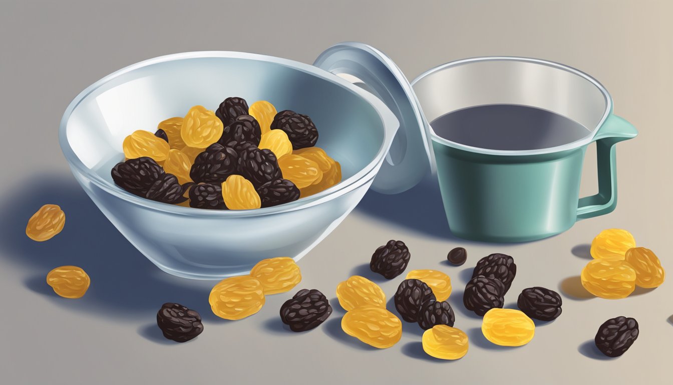 A pile of raisins spills out of a measuring cup, while a pound weight sits nearby