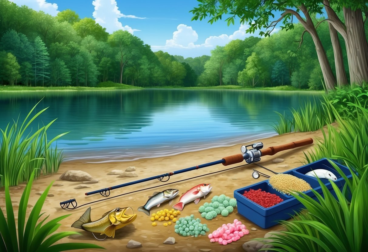 A serene lake with lush greenery surrounding it, with a fishing rod and various types of bait laid out on the shore
