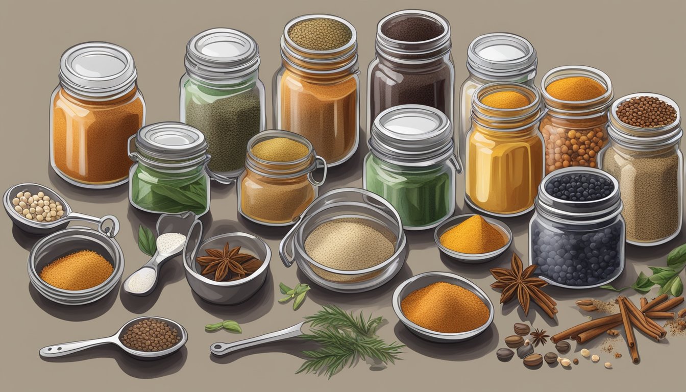 A hand holding a set of measuring spoons, surrounded by various spices and small quantities in labeled jars and containers