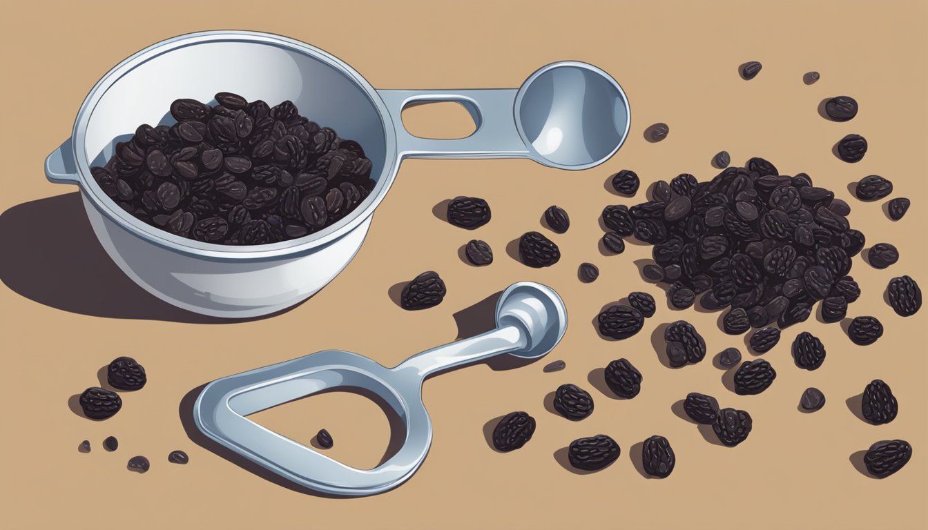 A pound of raisins spills out of a measuring cup, with more raisins scattered around on a kitchen counter