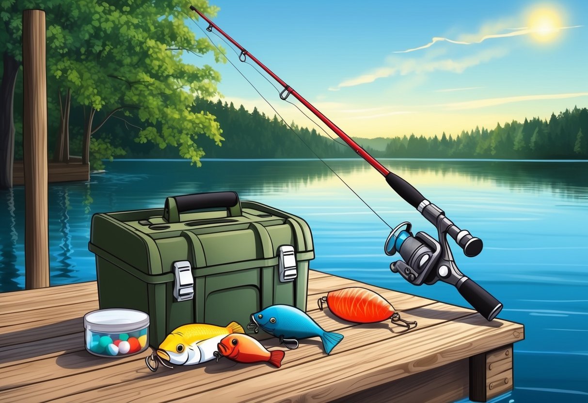 A fishing rod, tackle box, and various baits arranged on a wooden dock by a serene lake