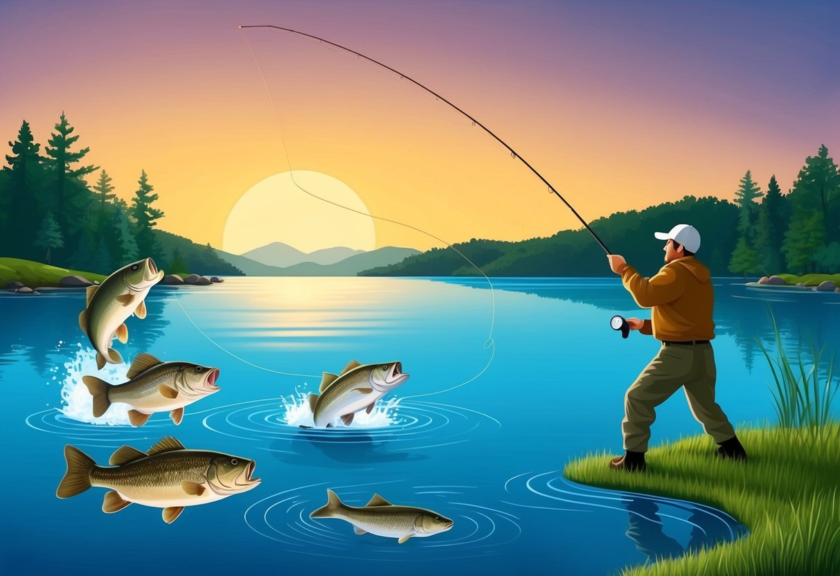 A serene lake at sunset, with a lone fishing rod casting into the water. Bass jumping, trout swimming, and catfish lurking in the depths