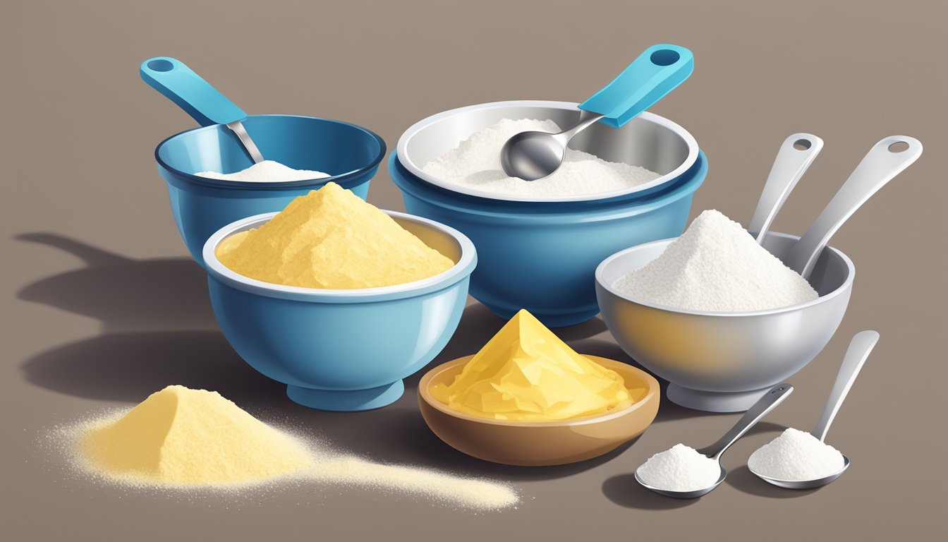 A set of measuring cups and spoons arranged next to a bowl of flour, sugar, and butter on a clean kitchen counter