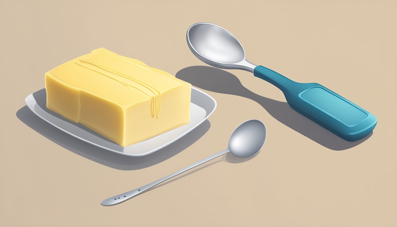 A stick of butter next to a measuring spoon with tablespoons marked