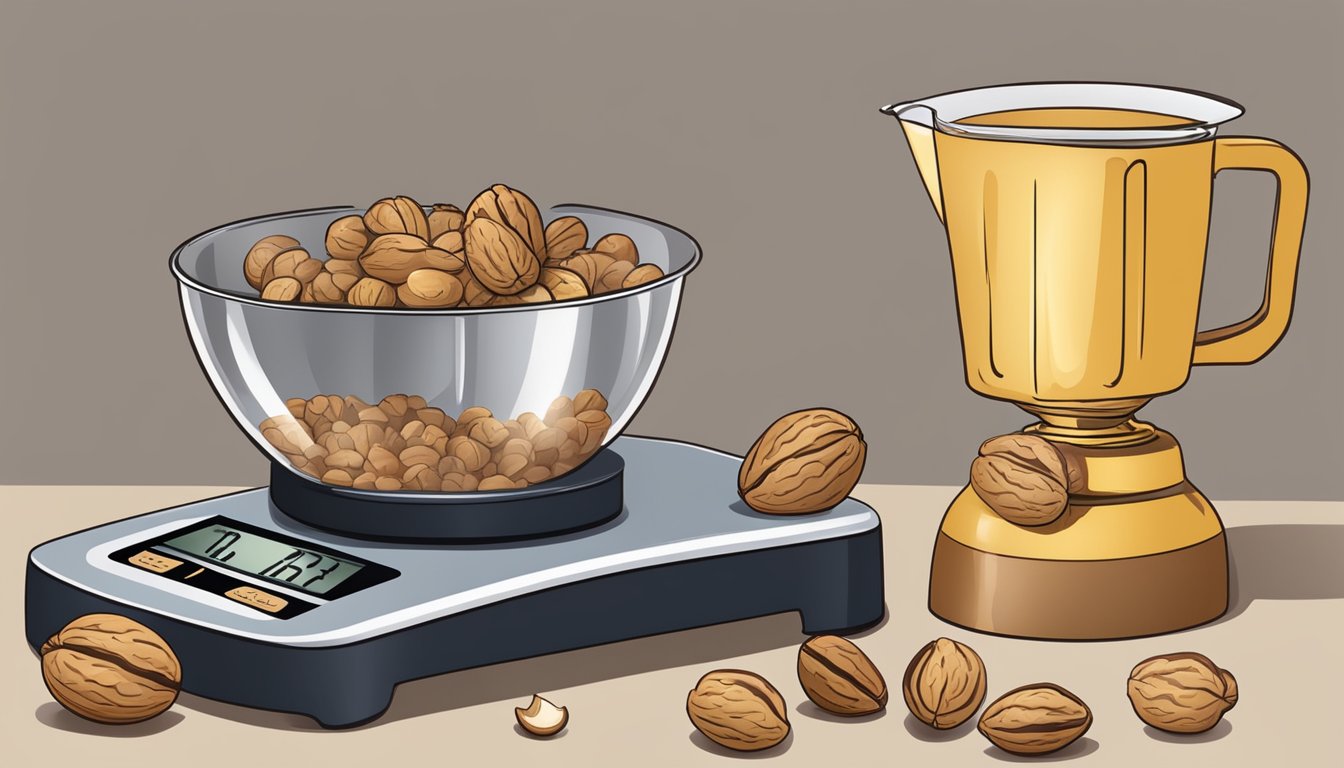 A pile of walnuts spills out of a scale, with a measuring cup next to it