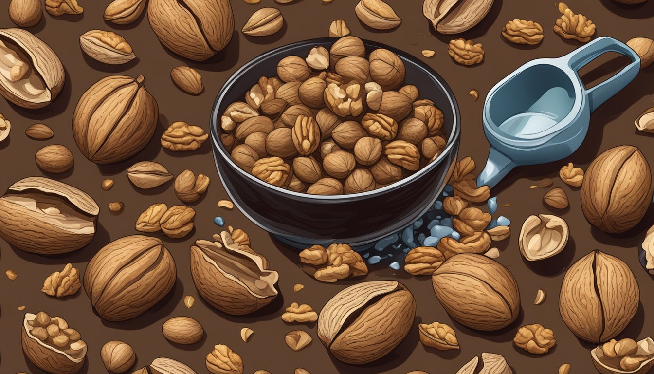 A pound of walnuts spills from a measuring cup onto a wooden table, surrounded by scattered walnut shells