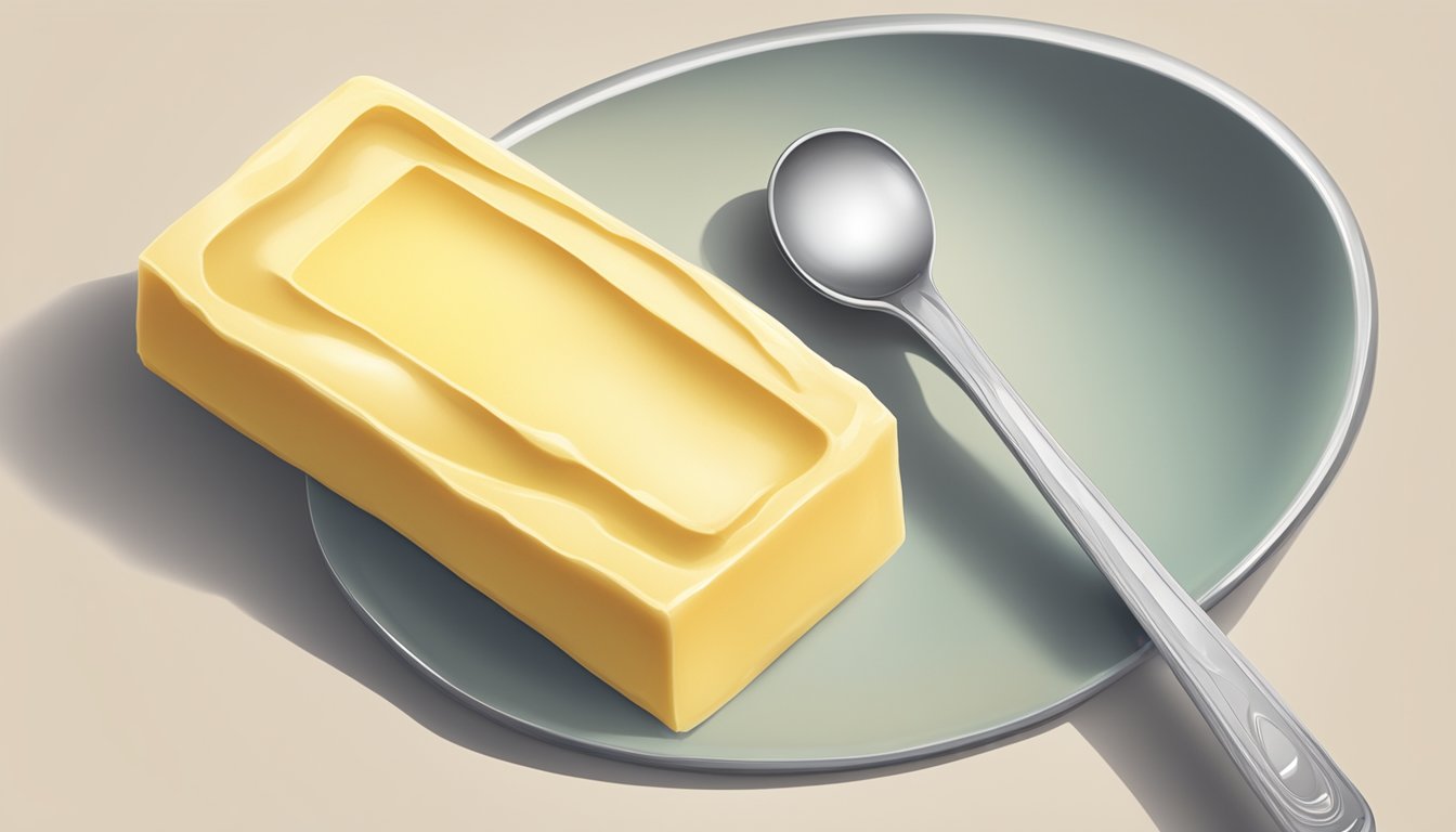 A stick of butter next to a measuring spoon with 8 tablespoons