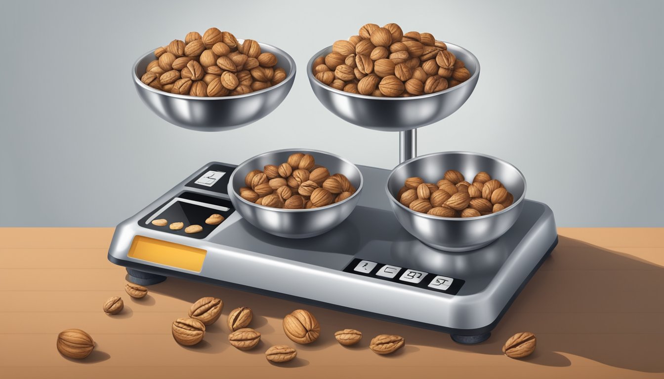 A scale with a pile of walnuts on one side and measuring cups on the other, with the number of cups displayed