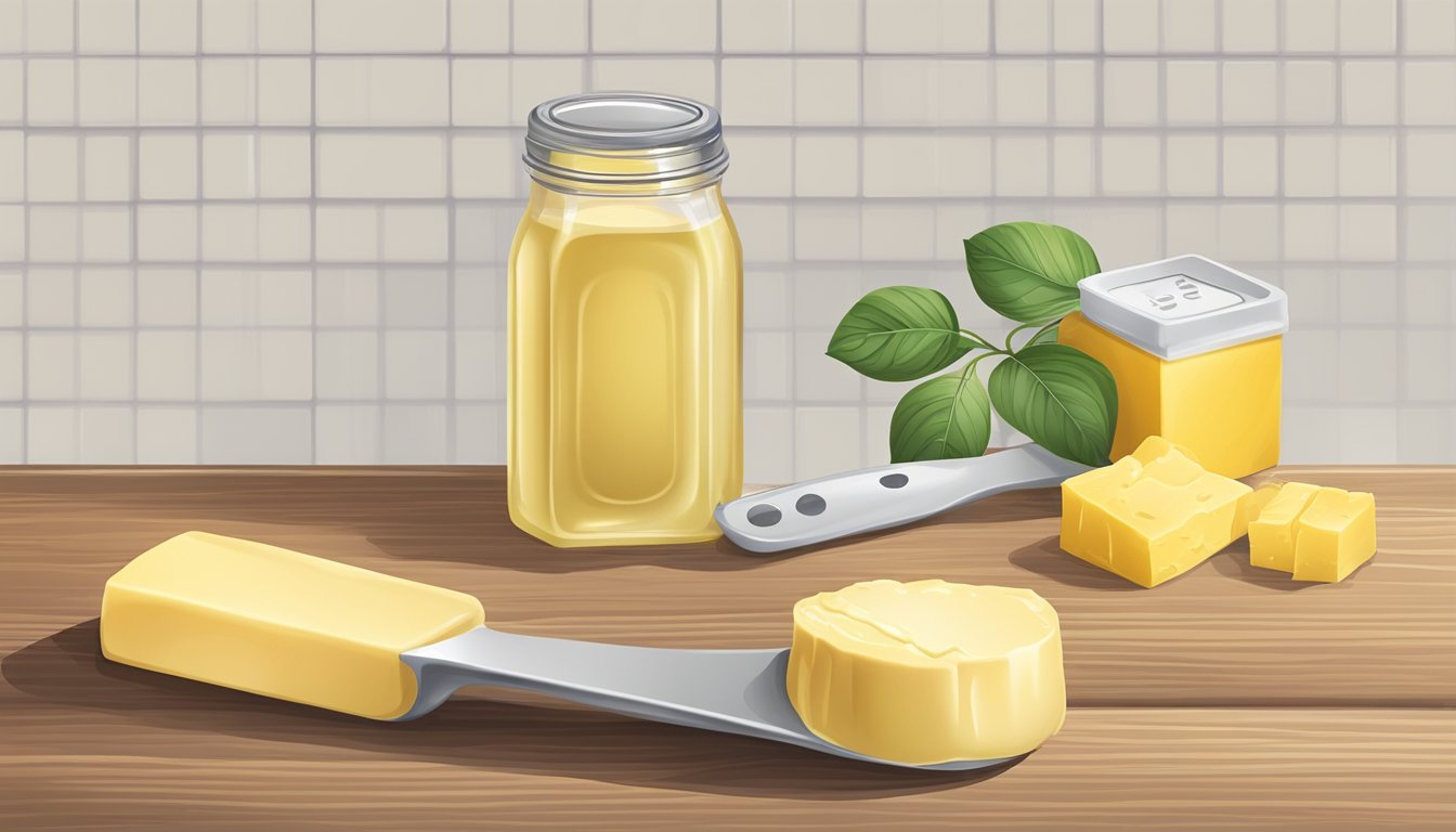 A stick of butter and a measuring spoon on a kitchen counter